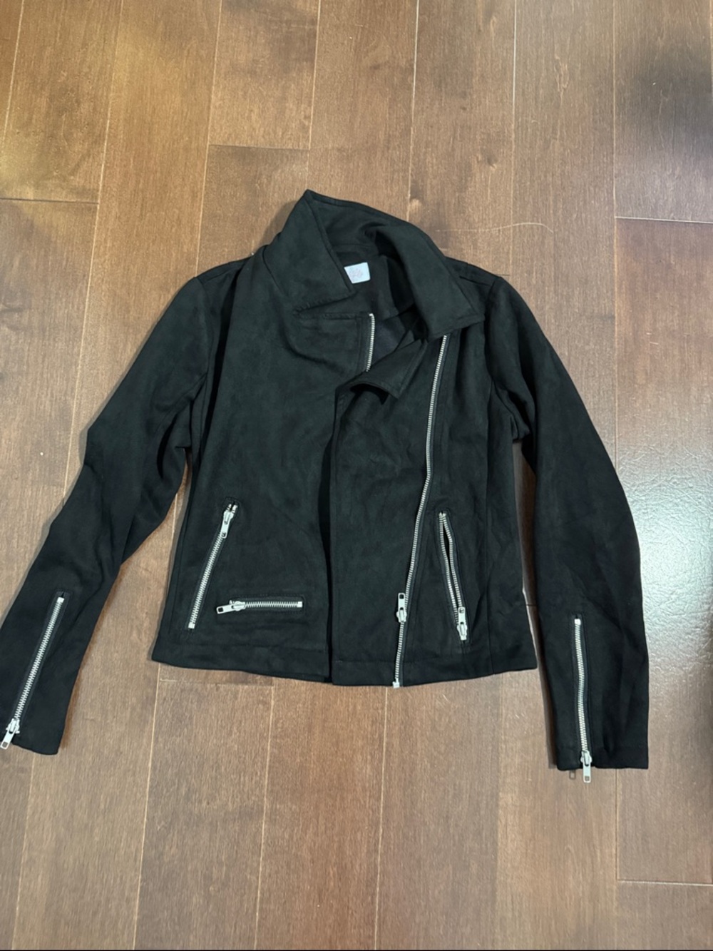 Pink Lily Black Suede-Look Moto Jacket with Silver Zippers